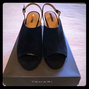 Tahari Vandar black suede and cork wedge.